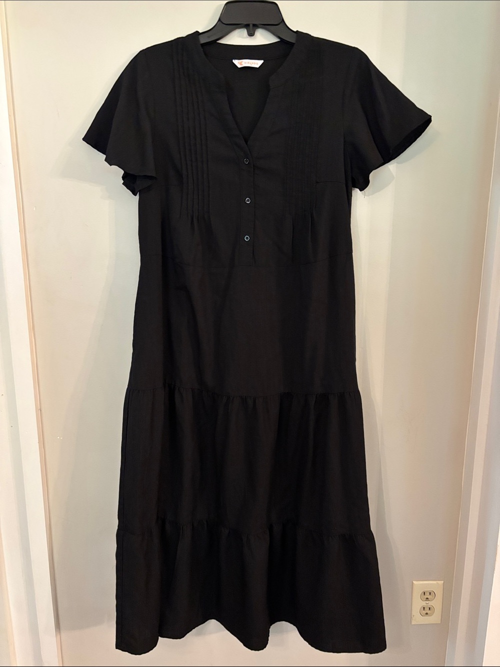 Black Tiered Short-Sleeve Midi Dress with Pintuck Front